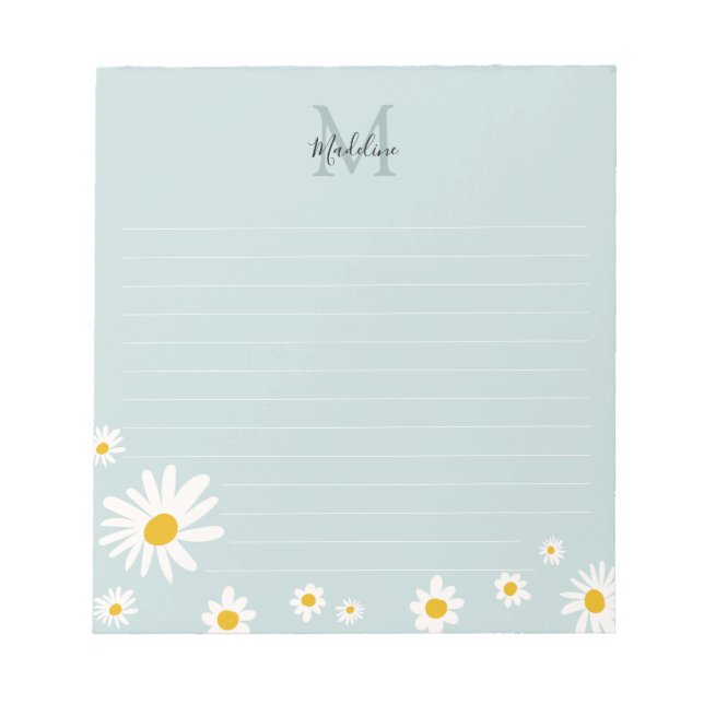 Minimal Daisy Flower Teals Script Monogram Lined Notepad (Front)