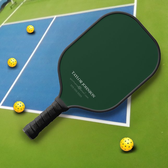 Minimal Dark Green Monogram Name + Contact Pickleball Paddle (Creator Uploaded)