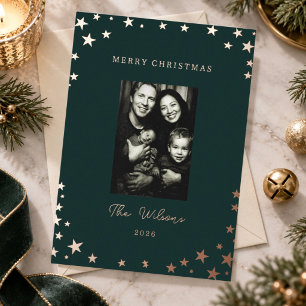 Minimal Dark Green Starry Christmas Family Photo Foil Holiday Card