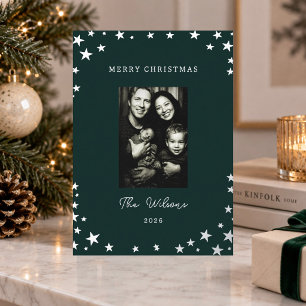 Minimal Dark Green Starry Christmas Family Photo Foil Holiday Card