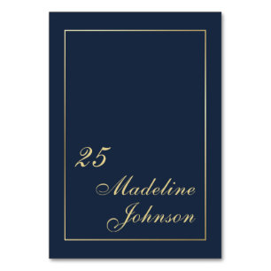 Minimal Dark Navy Blue Gold Border Elegant Script  Table Number