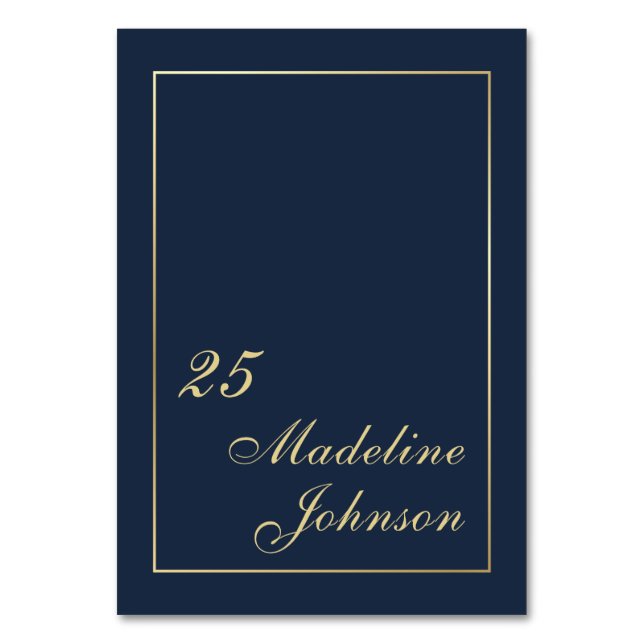 Minimal Dark Navy Blue Gold Border Elegant Script  Table Number (Front)