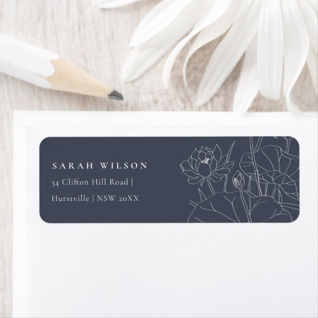 Minimal Dark Navy Waterlily Floral Sketch Address (Insitu)