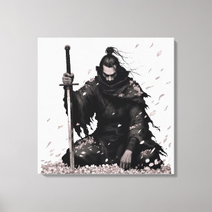 Minimal Dark Samurai Warrior with Sakura Petals Ja Canvas Print