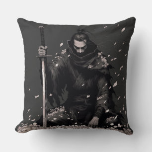 Minimal Dark Samurai Warrior with Sakura Petals Ja Throw Pillow