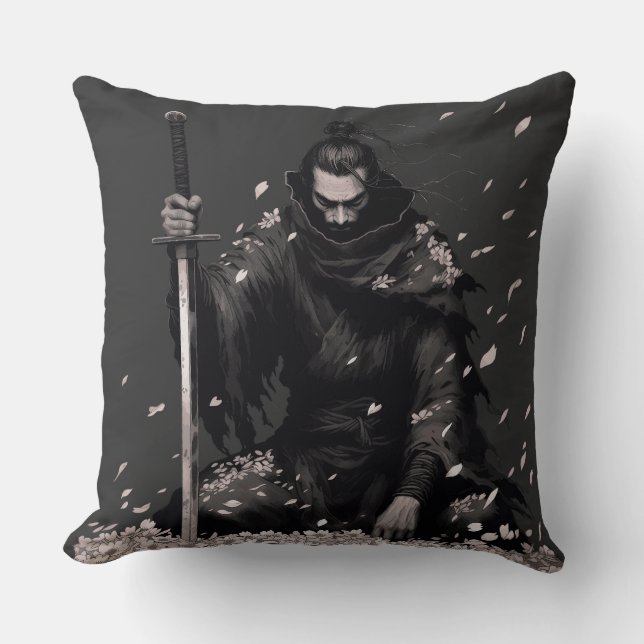Minimal Dark Samurai Warrior with Sakura Petals Ja Throw Pillow (Front)