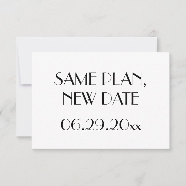 Minimal Deco White Wedding Same Plan New Date Save The Date (Front)