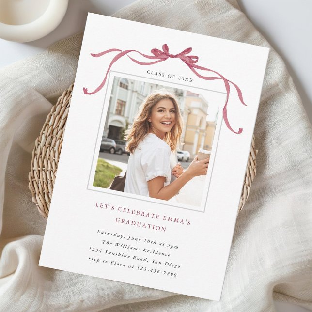 Minimal Deep Blush Bow Graduation Party Photo Invitation (Creator Uploaded)