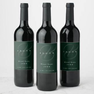 Minimal Deep Forest Green Elegant Monogram Company Wine Label