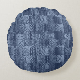 Minimal Denim Abstract Memphis Patchwork Round Pillow