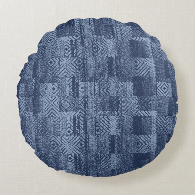 Minimal Denim Abstract Memphis Patchwork Round Pillow (Front)