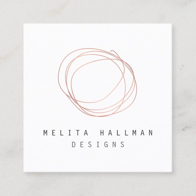 Minimal Designer Scribble Logo in Rose Gold Square Business Card (Front)