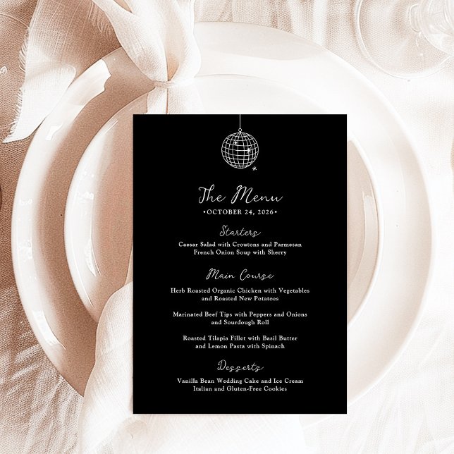 Minimal Disco Ball | Dark Black Wedding Menu (Creator Uploaded)
