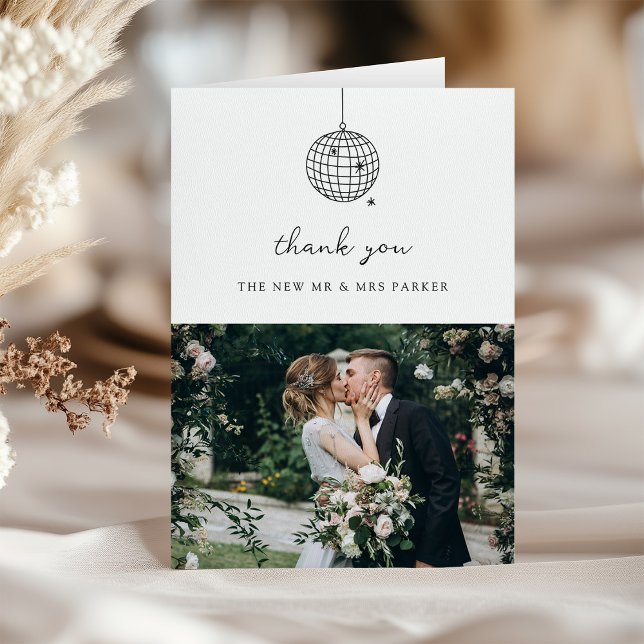 Minimal Disco Ball | Photo Black and White Wedding Thank You Card (Creator Uploaded)