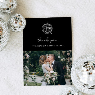 Minimal Disco Ball with Photo   Black Wedding Thank You Card