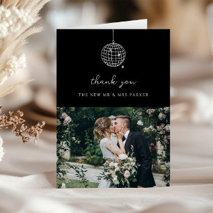 Minimal Disco Ball with Photo   Black Wedding Thank You Card