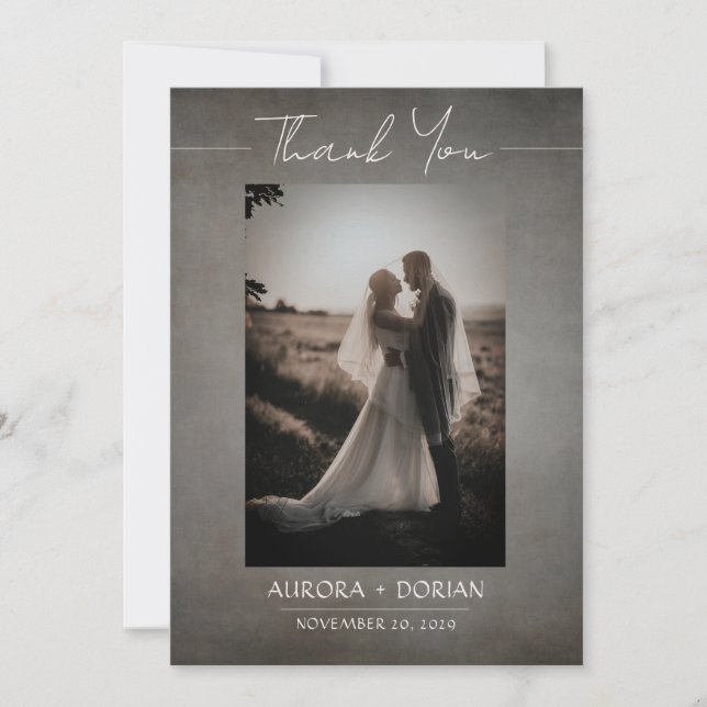 Minimal Distressed Wedding Photo Thank You Card (Front)