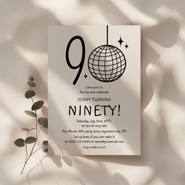 Minimal Doodle 90th Disco Ball Birthday  Invitation (Creator Uploaded)