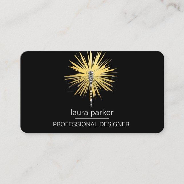 Minimal Dragonfly Professional Black Gold Business Card (Front)