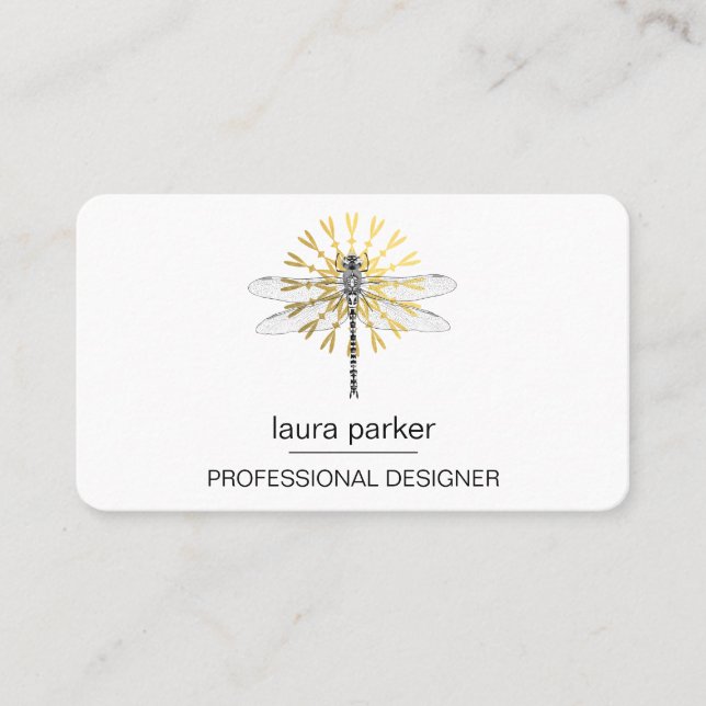 Minimal Dragonfly Professional  White Gold Flower Business Card (Front)