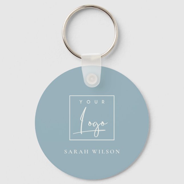 Minimal Dusky Blue Custom Promotion Business Logo Keychain (Front)