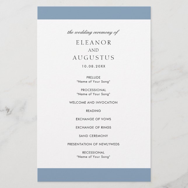 Minimal Dusty Blue Elegant Budget Wedding Program (Front)
