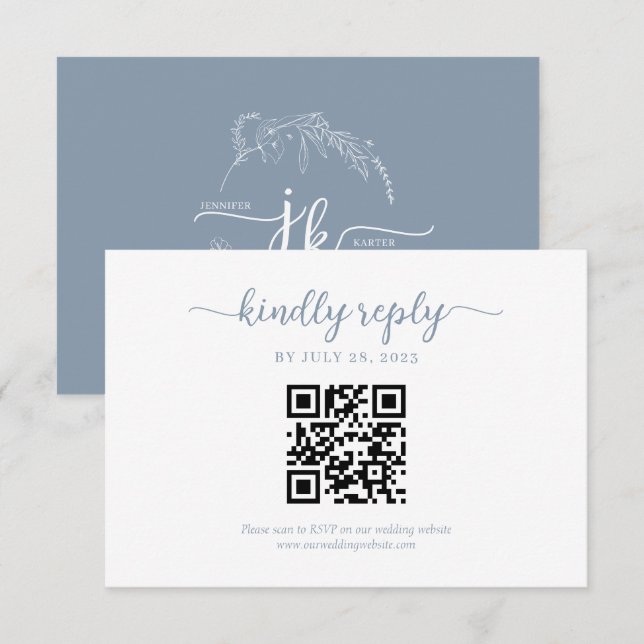 Minimal Dusty Blue Floral Monogram QR Code Wedding RSVP Card (Front/Back)