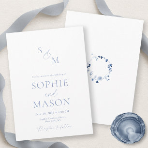 Minimal Dusty Blue Floral Wreath Wedding Invitation
