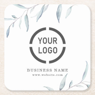 Minimal dusty blue greenery branded business logo square paper coaster