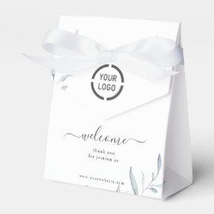 Minimal dusty blue greenery business logo welcome favor box