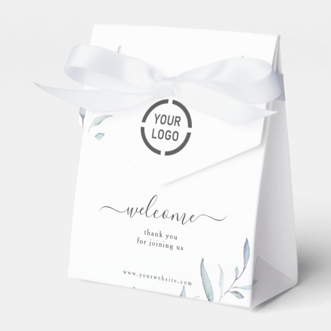 Minimal dusty blue greenery business logo welcome favor box (Front Side)