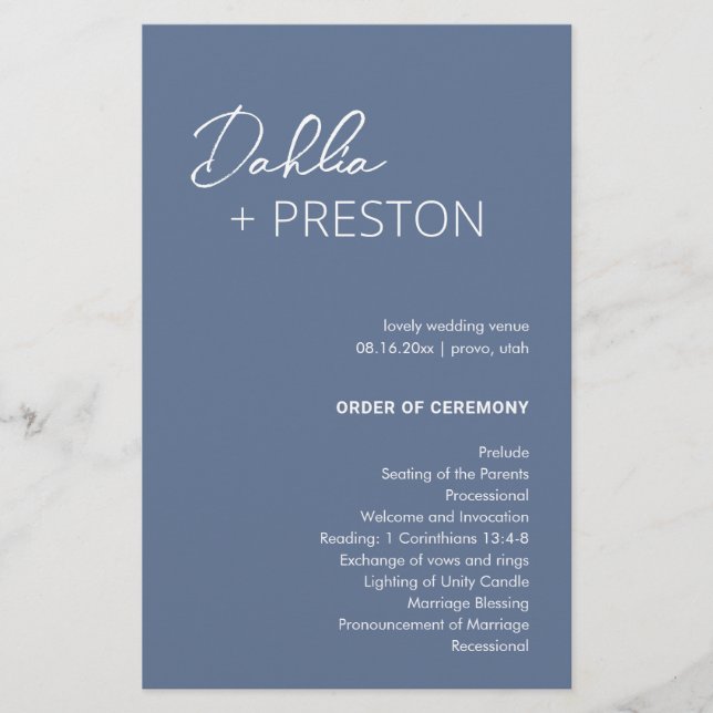 Minimal Dusty Blue Modern Wedding Program (Front)