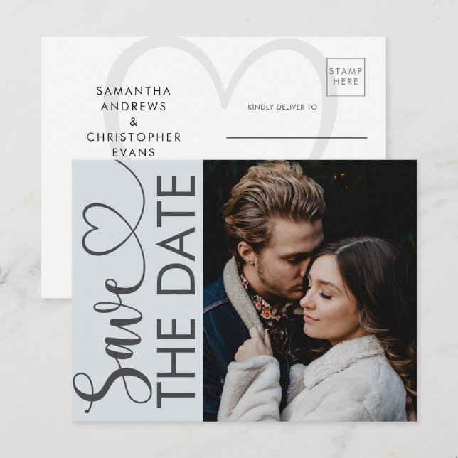 Minimal Dusty Blue Photo & Heart Save the Date  An Announcement Postcard (Front/Back)