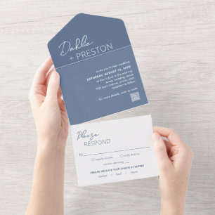 Minimal Dusty Blue QR Code Modern Wedding All In One Invitation