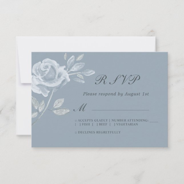 Minimal Dusty Blue Rose Wedding RSVP (Front)