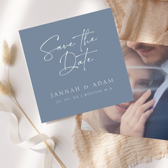 Minimal Dusty Blue Script Typography Photo Wedding Save The Date (Creator Uploaded)