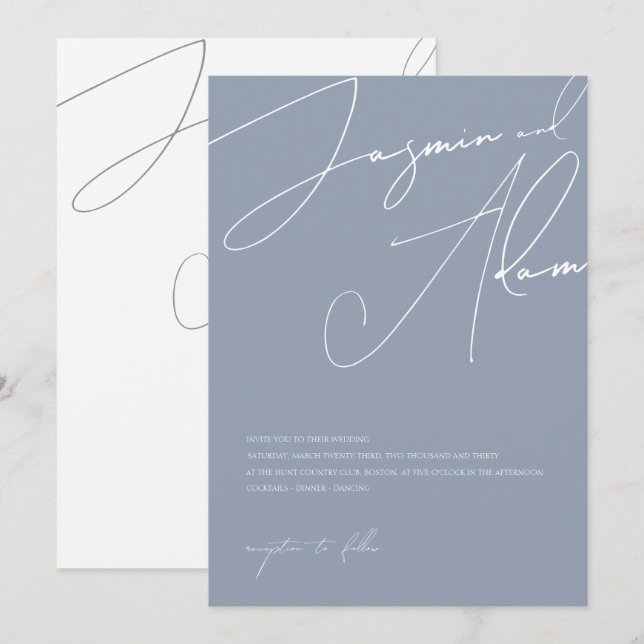 Minimal Dusty Blue Script Typography Wedding Invitation (Front/Back)