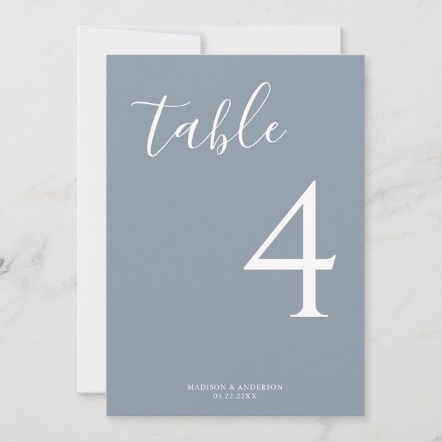 Minimal Dusty Blue Script Wedding Table Number (Front)