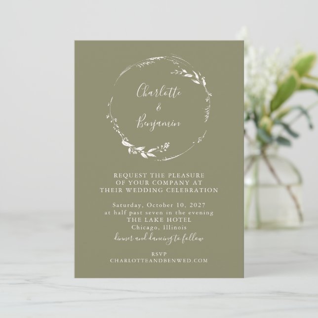 Minimal Dusty Olive Floral Wreath Script Wedding Invitation (Standing Front)
