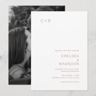 Minimal Dusty Rose Monogram Photo Modern Wedding Invitation