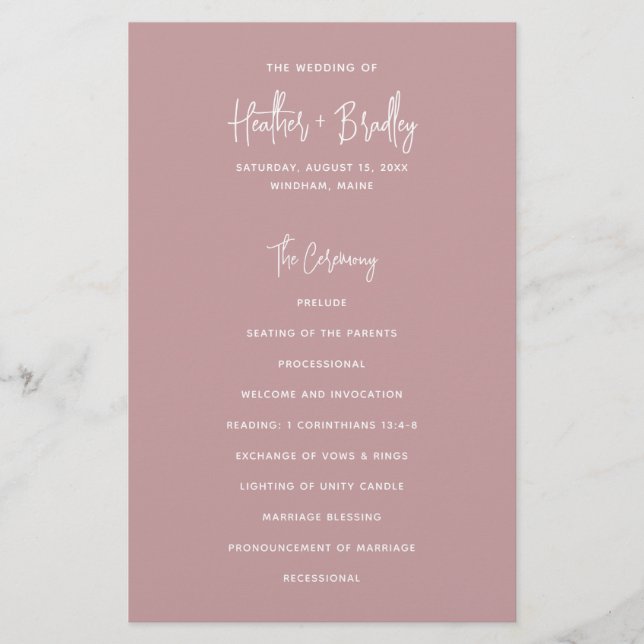 Minimal Dusty Rose Pink Budget Wedding Program (Front)