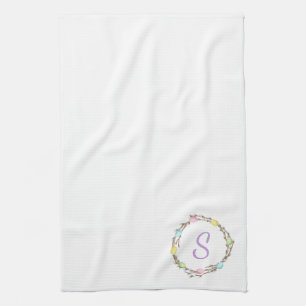 Minimal Easter Wreath Monogram And Easter Eggs Kitchen Towel