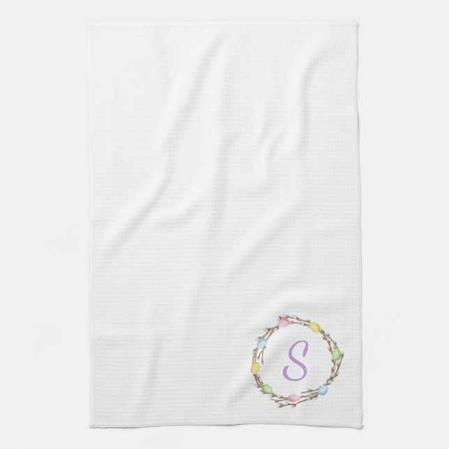 Minimal Easter Wreath Monogram And Easter Eggs Kitchen Towel (Vertical)
