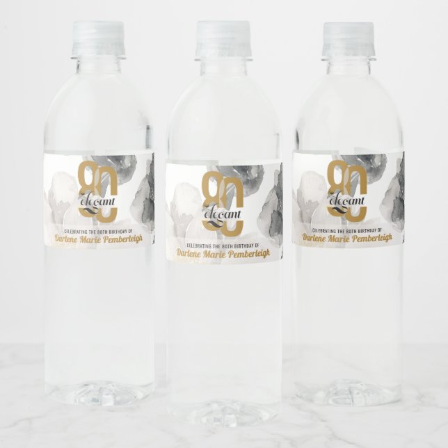 Minimal Eighty & Elegant Gold Black 80th Birthday Water Bottle Label (Bottles)