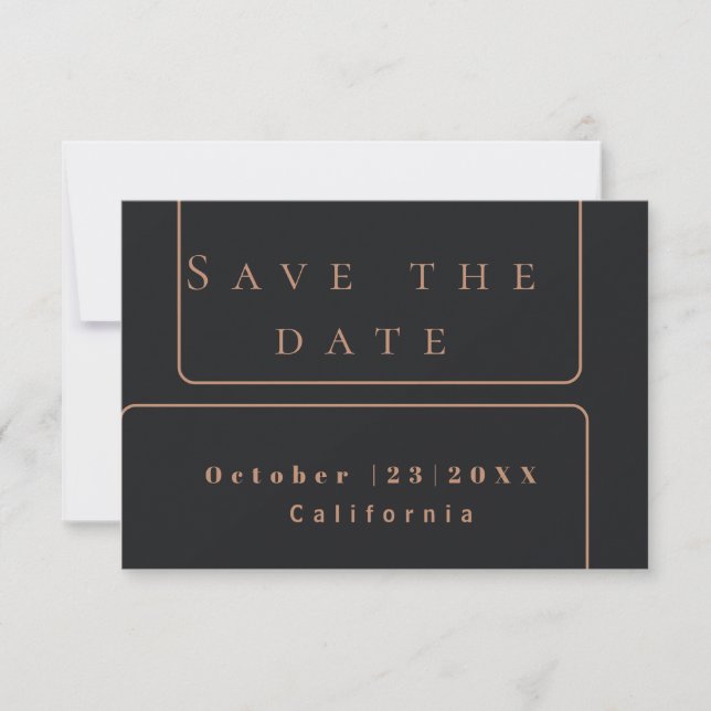 Minimal elegant black rose gold save the date card (Front)