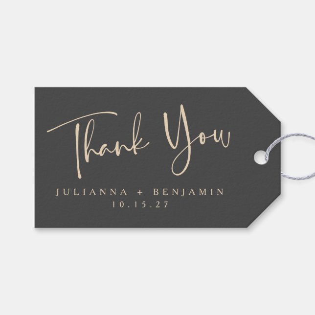 Minimal Elegant Black Script Wedding Personalized Gift Tags (Front (Horizontal))