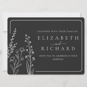 Minimal Elegant Black Silver Wildflower Wedding Invitation