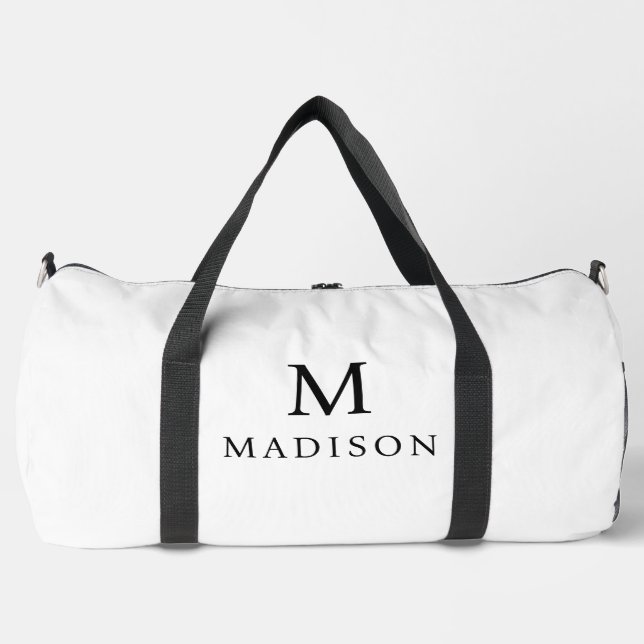 Minimal & Elegant Black & White  Custom Name Duffle Bag (Front)