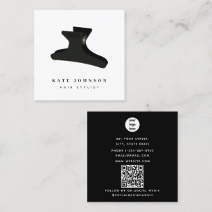 Minimal Elegant Black White Hair Stylist Clip Square Business Card