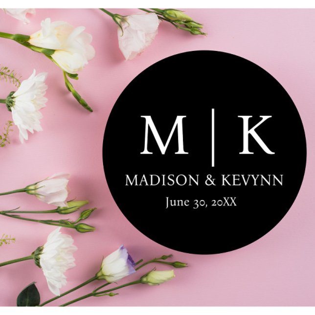 Minimal & Elegant Black & White Monogram Wedding Classic Round Sticker (Creator Uploaded)